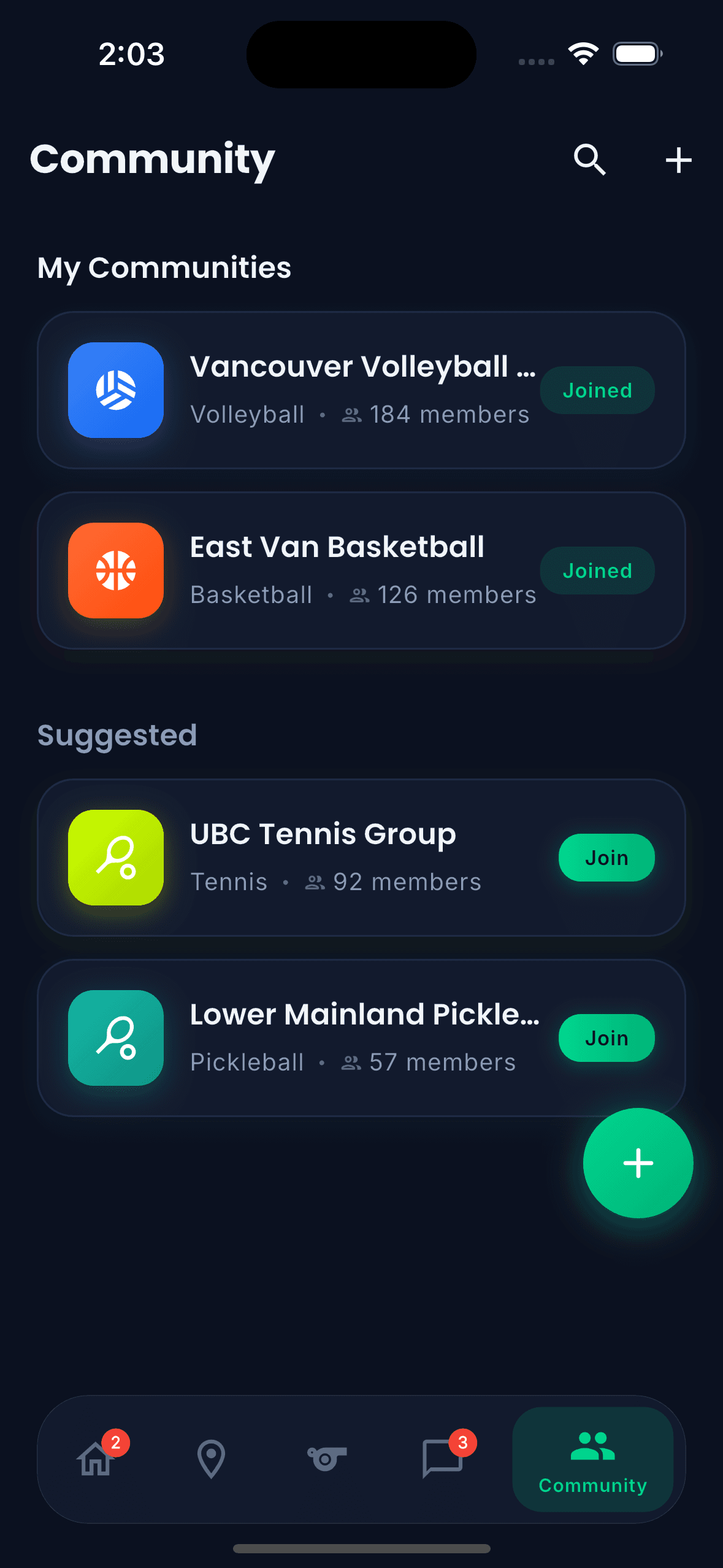 Sportster community screen showing Vancouver Volleyball and East Van Basketball groups