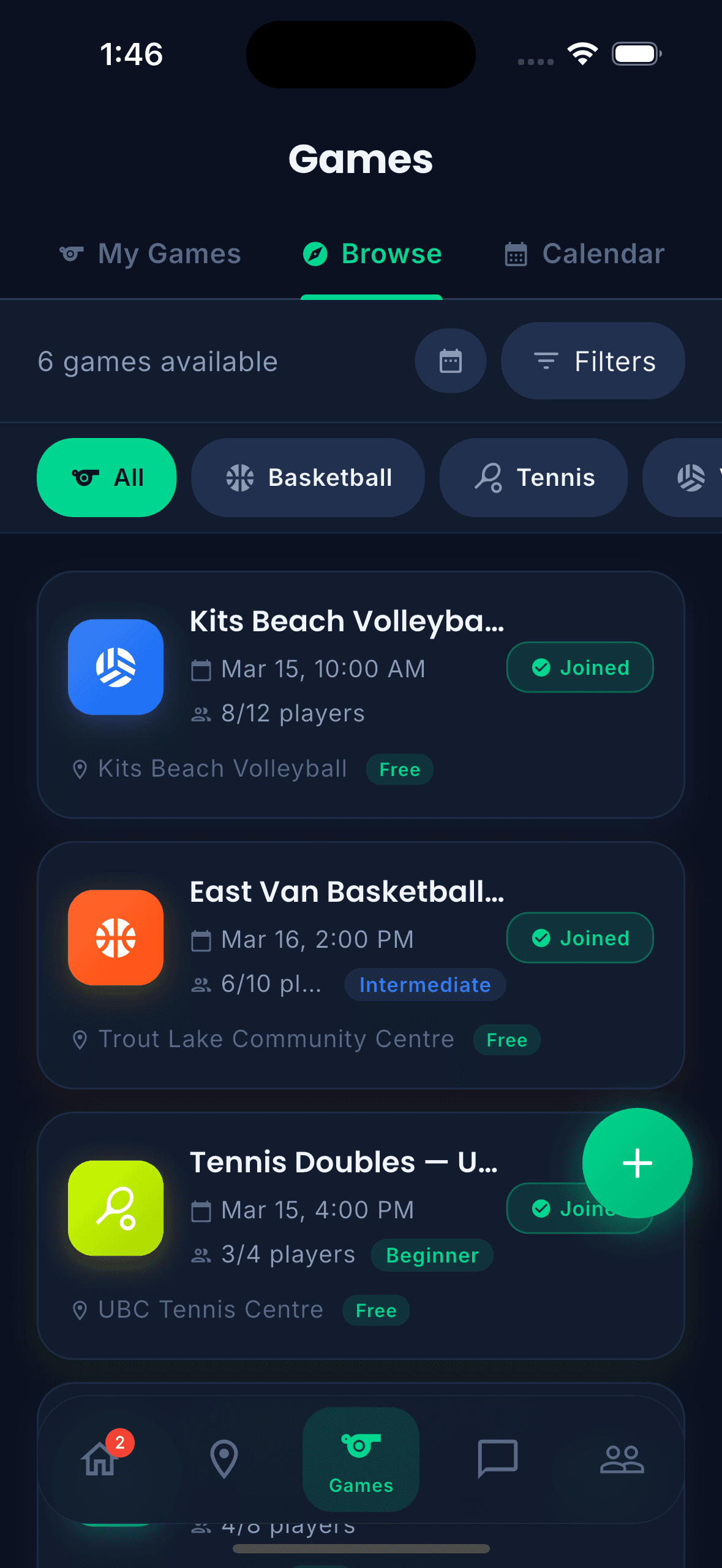 Sportster games browse tab with sport icons and filters