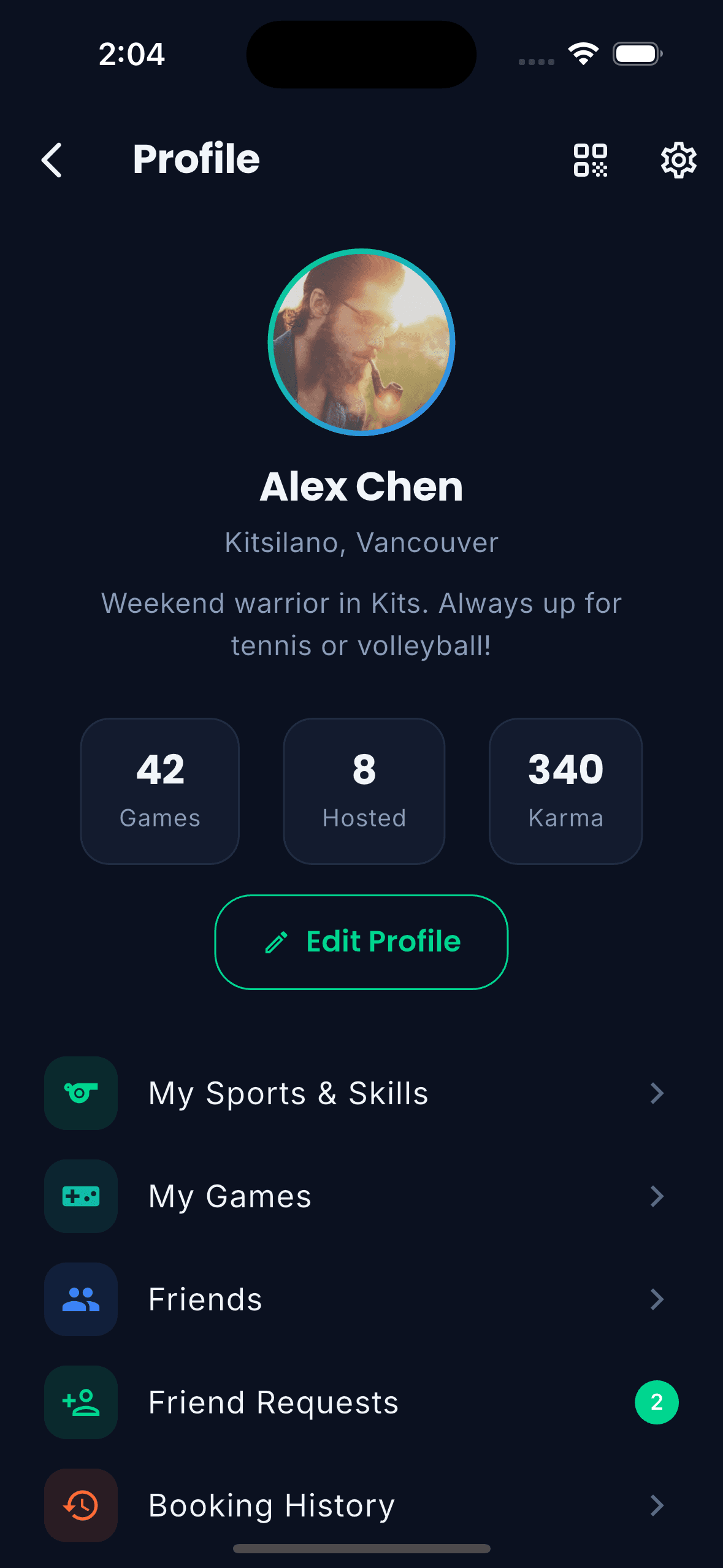 Sportster player profile with stats, karma, and bio